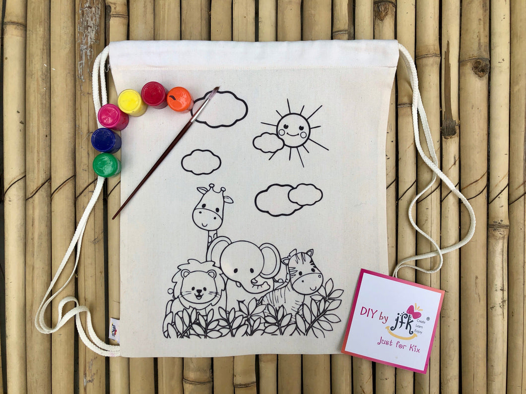 DIY Canvas Drawstring Bag Jungle Theme | Kit with a pack of Fabric Paints | Colour-it-Yourself